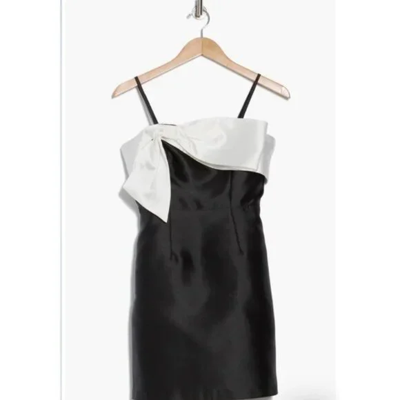 NWT Anthropologie Hutch Size 14 Serena Bow A-Line Mini Dress Black White  Satin